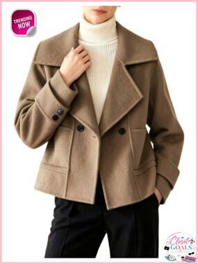 Cropped Wool Pea Coat Notched Lapel Short Button Pockets Slim Fit